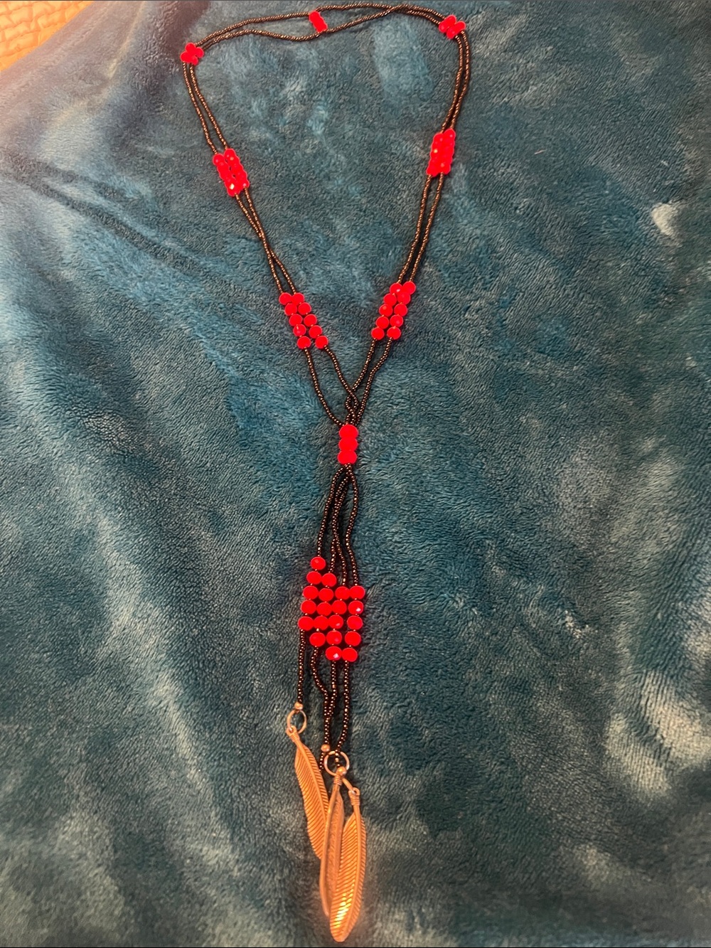 Red and black Bead Tassel Necklace with silver Feather Charms - Women Jewelry